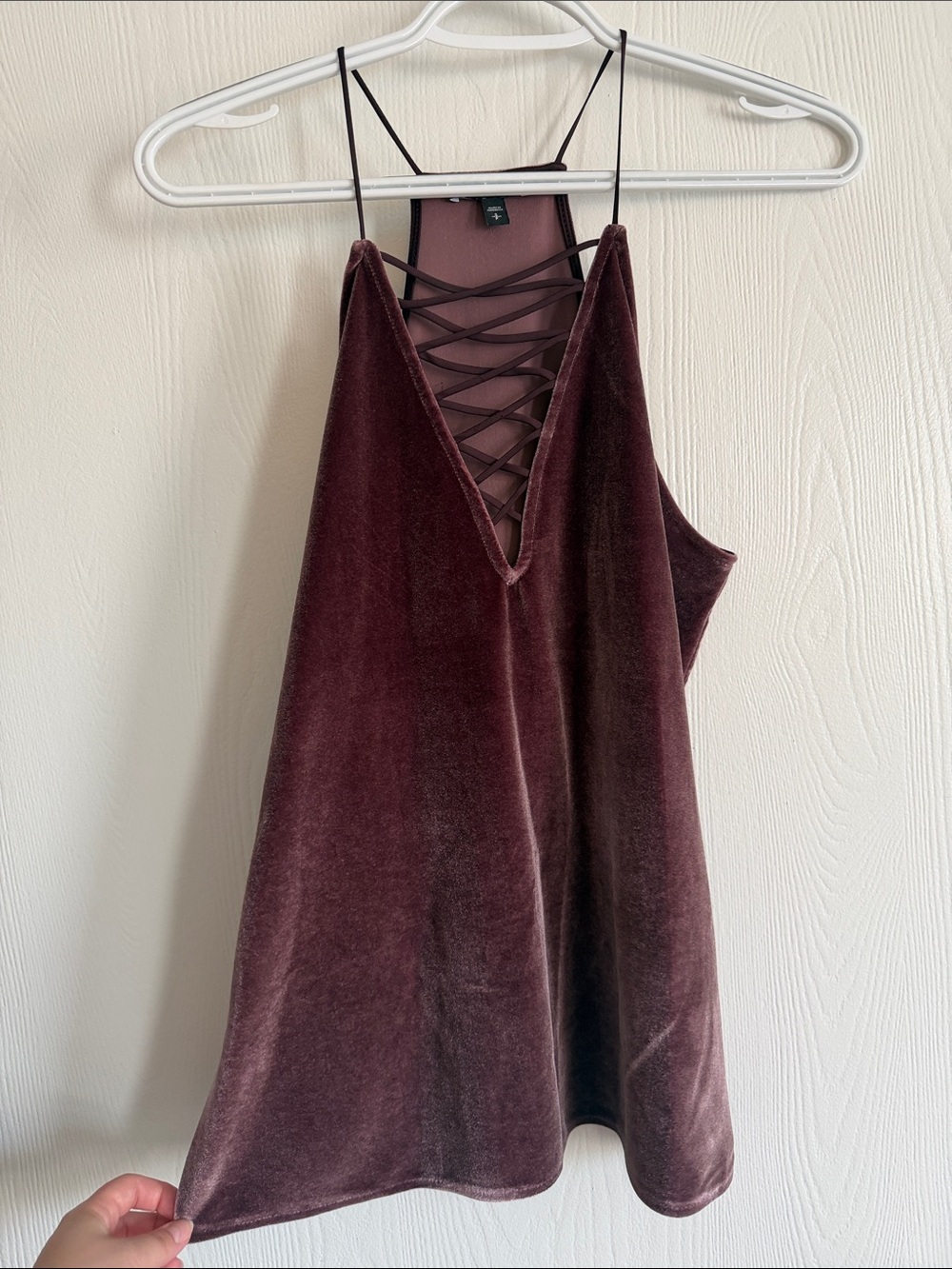 Express Velvet Lace-Up Back Tank Top in Deep Burgundy